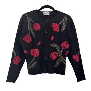 Vintage Debra Lubell Black Floral Embroidered Ramie Cotton Cardigan Sweater P